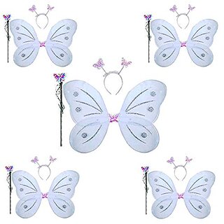 Kaku Fancy Dresses White Butterfly Wings With Hairband And Wand Stick For Girls - Pack of 5 Kaku Fancy Dresses White Butterfly Wings With Hairband And Wand Stick For Girls - Pack of 5