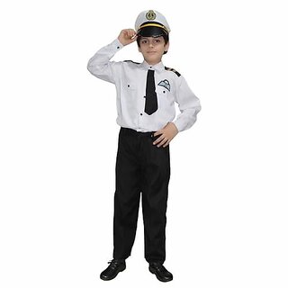                       Kaku Fancy Dresses Our Community Helper Pilot Costume For Kids White Pilot Shirt  Black Pant With Cap For Boys  Girls                                              