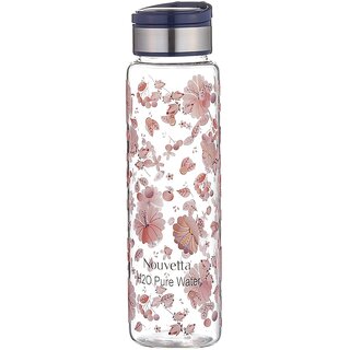                       Nouvetta Cherry Borosilicate Glass Printed Water Bottle with BLUE LID, 1000 ml - (NB19458)                                              