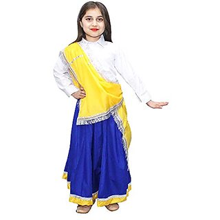                       Kaku Fancy Dresses Indian State Haryanvi Dance Lehenga Costume For Girl - Yellow  Blue                                              