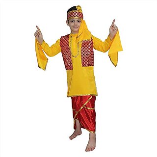                       Kaku Fancy Dresses Punjabi Folk Dance Costume For Kids Bhangda Gidda Dance Costume For Boys - Yellow  Red                                              