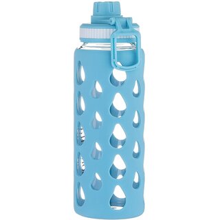                       Nouvetta Splash Borosilicate Glass Bottle with Silicone Protective Sleeve, 1000 ml, 1 Piece, Blue - (NB19403)                                              