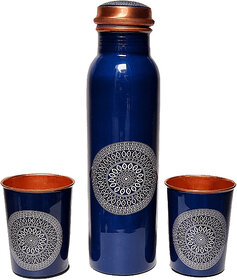 Russet Blue Floral Printed Copper Bottle with 2 Glasses (Certified and Lab Tested)