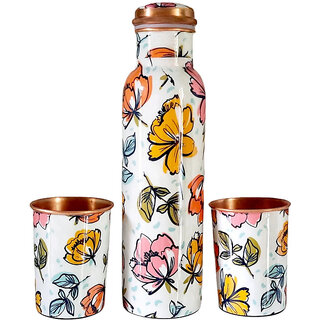                       Russet New Floral Printed Copper Bottle And Glass Set of 2 (Certified And Lab Tested)                                              