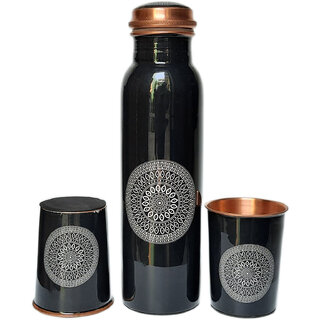 Russet Black Floral Printed Copper Bottle with 2 Glasses (Certified and Lab Tested)