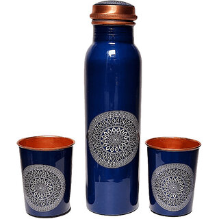                       Russet Blue Floral Printed Copper Bottle with 2 Glasses (Certified and Lab Tested)                                              