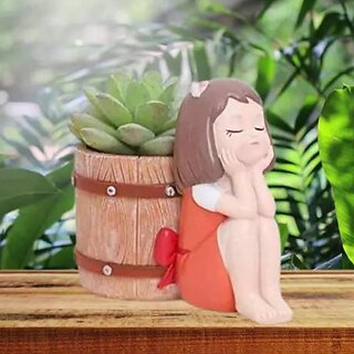 Homeberry Cute Girl with Basket Designed Flower Pots without Plant Decorative Showpiece  -  9.5 cm (Resin, Multicolor)