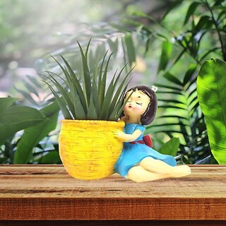 Homeberry Handcrafted Basket Girl Mini Planter for Home Decoration Gifting Item Decorative Showpiece  -  10 cm (Resin, Multicolor)