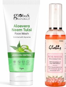 (Combo of 2) Globus Naturals Anti Acne  Anti Ageing Aloevera Face Wash 75gm With Rose Water Toner 100ml