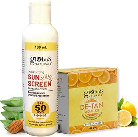 Globus Naturals Moisturizing Sunscreen Lotion  De-Tan Facial Kit Combo, Tan Removal Formula, For All Skin Types