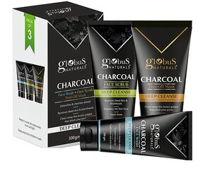 Globus Naturals Charcoal Detox  Set of 3, Face wash, Face Scrub, Peel off Mask