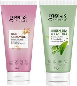 Globus Naturals Face Wash Combo- Skin Brightening Rice Ceramide Face wash  Green Tea  Tea Tree Radiance Face Wash, set of 2, 75gm