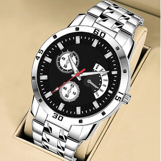                       Luxury New Black Dial Chronograph Design Steel Strap Classic Formal Look Unique Stylist Looking Analog wrist Watch - For                                              