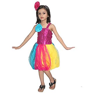                       Kaku Fancy Dresses Western Costume Multicolor Frock - Magenta, For Girls                                              