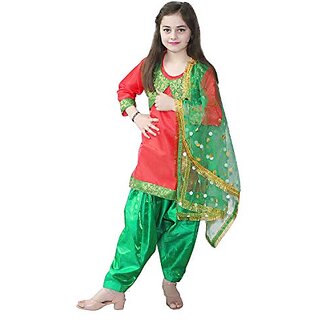 Kaku Fancy Dresses Indian State Punjabi Folk Dance Costume For Girl's / Salwar Suit With Dupatta Costume Red  Green