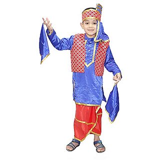                       Kaku Fancy Dresses Indian State Punjabi Folk Dance Costume For Kids / Bhangda Gidda Dance Costume For Boys - Red  Blue                                              