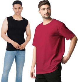 Antiq World Men's Combo of Maroon Cotton Relaxed-Fit T-Shirts & Designer Men Vest Versatile Cotton Sando/Baniyan/Ganji