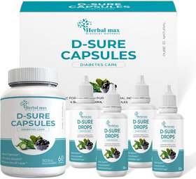 Herbal Max D-Sure Sugar Control  Diabetes Care Kit  60 Capsules  4 x 50ml Liquid Drops