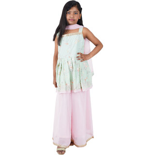 Kurta, Sharara  Dupatta Set for girl kids (light green  pink)