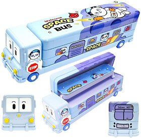 Mannat Bus Shape Pencil Box School Bus Metal Geometry Box for Kids Magic Bus 3 Compartments with Moving Tyres  (Panda)