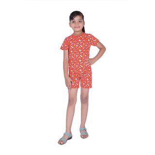                       Kid Kupboard Cotton Girls T-Shirt and Short Set, Orange, Half-Sleeves, 7-8 Years KIDS6216                                              