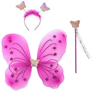                       Kaku Fancy Dresses Butterfly Wings with Hairband and Wand Stick For Girls (Magenta, Pack of 1)                                              
