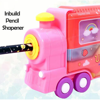                       Mannat Train Shape Pencil Box with  Unicorn Th Movable Wheels Inbuilt Sharpener Art Plastic Pencil Box(Set of 1,Pink)                                              