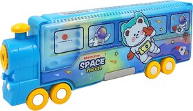 S.S.B Train Shape Pencil Box with Space Theme Movable Wheels Inbuilt Sharpener Art Plastic Pencil Box(Set of 1, Blue