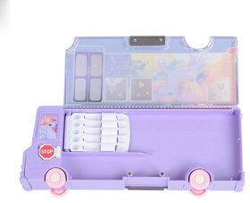 S.S.B Bus Shape Pencil Box with Unicorn Theme Movable Wheels Inbuilt Sharpener Art Plastic Pencil Box(Set of 1, Blue