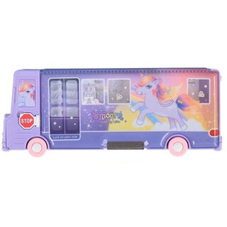                       Mannat Bus Shape Pencil Box with Unicorn Theme Movable Wheels Inbuilt Sharpener Art Plastic Pencil Box(Set of 1, Blue                                              