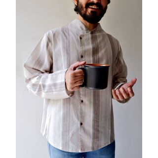 Men's curated collar WALTZ shirt in Cotton/Linen Beige stripes
