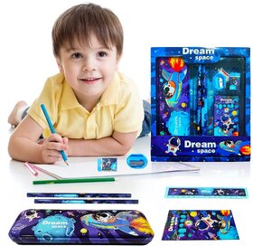 Dream Space - 6 in 1 School Supply Cartoon Printed Stationary Kit for Boys and Girls Pencil Pen Book Eraser Sharpener.