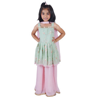 Party wear Kurta, Sharara  Dupatta Set for girl kids (Light green  Pink)