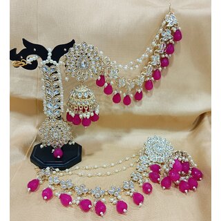                      Designer Raani Pearls Pachi Kundan Jhumki Earrings with Kaan Chain and Tikka Set                                              