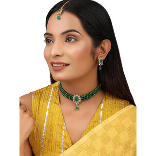                       Green Crystal Kundan Pearls Choker Jewelry Set                                              