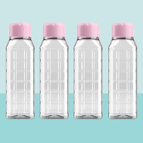 Mannat Chess 700 ml small BPA Free Plastic Water Bottle set of 4 for Home,Office,Gym,Yoga,Travel(Transparent  Pink Cap)