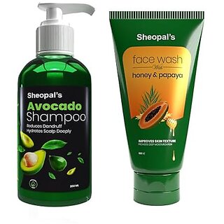                       Sheopal's Avocado Shampoo for Dry and Frizzy Hair 200ml with Honey Papaya Face Wash for Glowing Skin 100ml, Sulphate & Paraben Free                                              