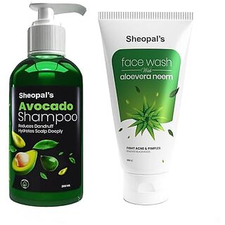                       Sheopal's Avocado Shampoo for Dry and Frizzy Hair 200ml with Aloevera Neem Face Wash for Oily Acne and Pimple Prone Skin 100ml, Sulphate & Paraben Free                                              