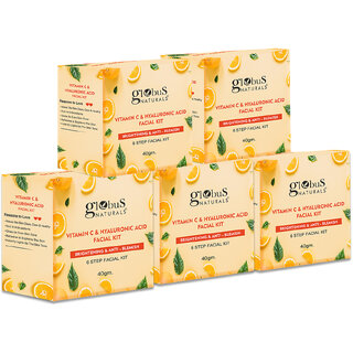                       Globus Naturals Vitamin C Skin Brightening Facial Kit, Boosts Glow, Brightens Skin Complexion, with 6 Easy Steps, Ayurvedic  Herbal Prepration For Natural Glow, 40 gms (Pack of 5)                                              