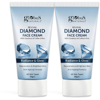                       Globus Naturals Revival Diamond Face Cream, For Soft & Glowing Skin, Even Tones Skin & Improves Skin Texture, Non- Sticky Cream, Natural & Ayurvedic Formula, 50gm (Pack of 2)                                              