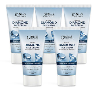 Globus Naturals Revival Diamond Face Cream, For Soft Glowing Skin, Even Tones Skin Improves Skin Texture, Non- Sticky Cream, Natural Ayurvedic Formula, 50gm (Pack of 5) Globus Naturals Revival Diamond Face Cream, For Soft Glowing Skin, Even Tones Skin Improves Skin Texture, Non- Sticky Cream, Natural Ayurvedic Formula, 50gm (Pack of 5)