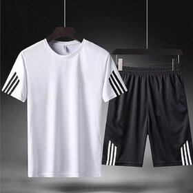 Odoky Men White  Black Casual T-Shirt and Short Set