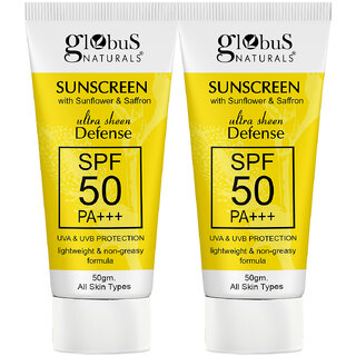                       Globus Naturals Sunscreen with Ultra Sheen Defense, SPF 50 PA+++, UVA & UVB Protection, Lightweight & Non-greesy Formula, Normal to Oily Skin, 50 gm (Pack of 2)                                              