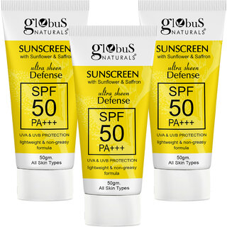                       Globus Naturals Sunscreen with Ultra Sheen Defense, SPF 50 PA+++, UVA  UVB Protection, Lightweight  Non-greesy Formula, Normal to Oily Skin, 50 gm (Pack of 3)                                              