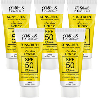                       Globus Naturals Sunscreen with Ultra Sheen Defense SPF 50 PA UVA  UVB Protection Lightweight  Nongreesy Formula Normal to Oily Skin 50 gm Pack of 5                                              