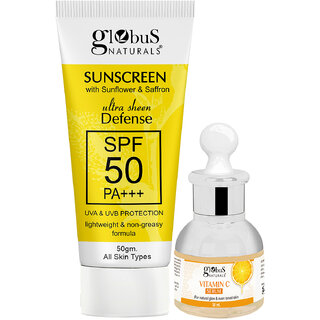                       Globus Naturals Summer Sizzle Set of 2 - Sunscreen 50 gm & Vitamin C Face Serum 30 ml                                              