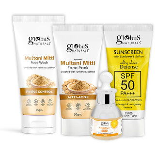 Globus Naturals Summer Sizzle Set of 4  Multani Mitti Face Wash 75g Multani Mitti Face Pack 50g Sunscreen 50 gm  Vitamin C Face Serum 30 ml