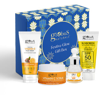                       Globus Naturals Summer Glow Essentials Gift Box Set of 4- Vitamin C Face Wash, Vitamin C Scrub, Vitamin C Serum & Sunscreen                                              