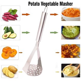                      S.S.B Stainless Steel Potato Vegetable Pav Bhaji Masher Smasher with Long Handle and Hanging Lid (Set of 2)                                              