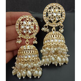                       Designer Pachi Kundan Precious Pearls Long Jhumki Earrings Set                                              